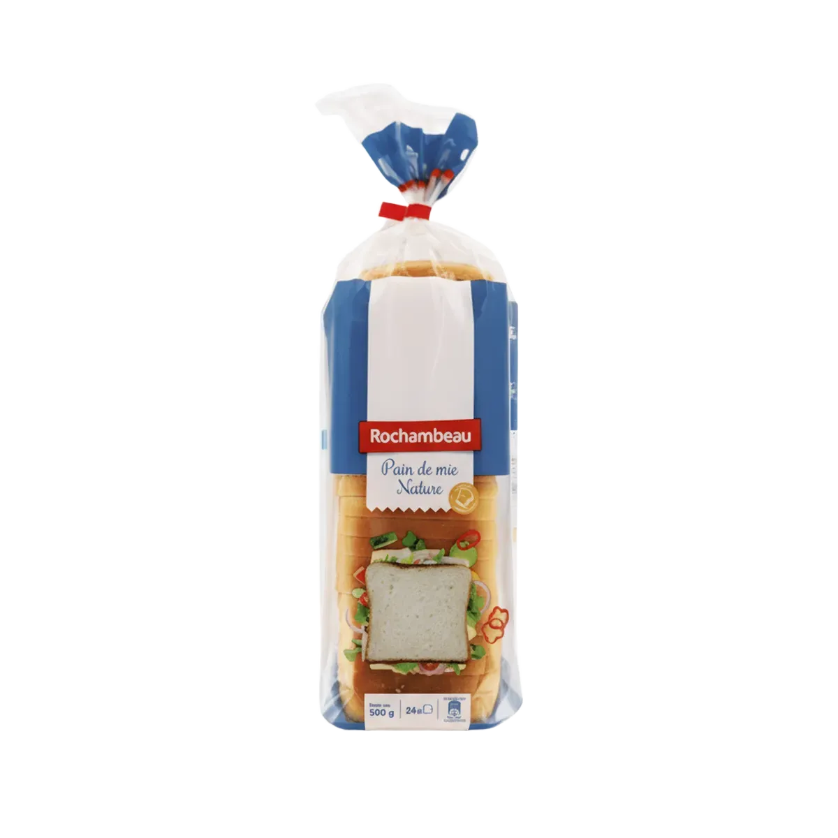 Pain de mie Rochambeau nature blanc en emballage 500g, idéal pour sandwichs et toasts en boulangerie.